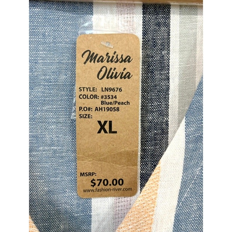 Marissa Olivia Linen Blend Striped Dress XL Blue Peach Button Front Midi Pockets