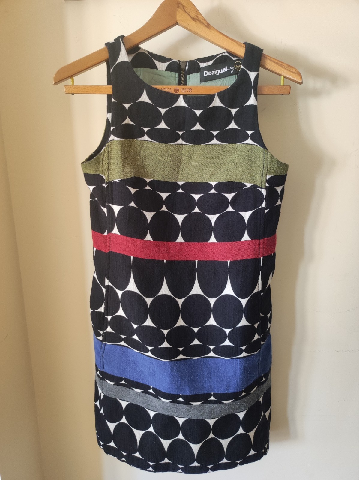 Desigual Sleeveless Dress – Black Peas and Colored Stripes – Size 40/S