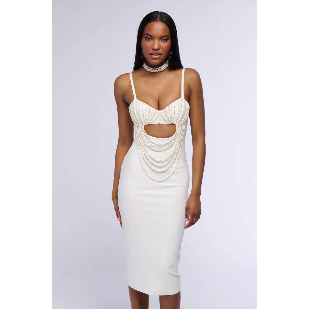 Akira Harriet Draped Pearl Bodycon Midi Dress Rhinestone Bridal Bachelorette