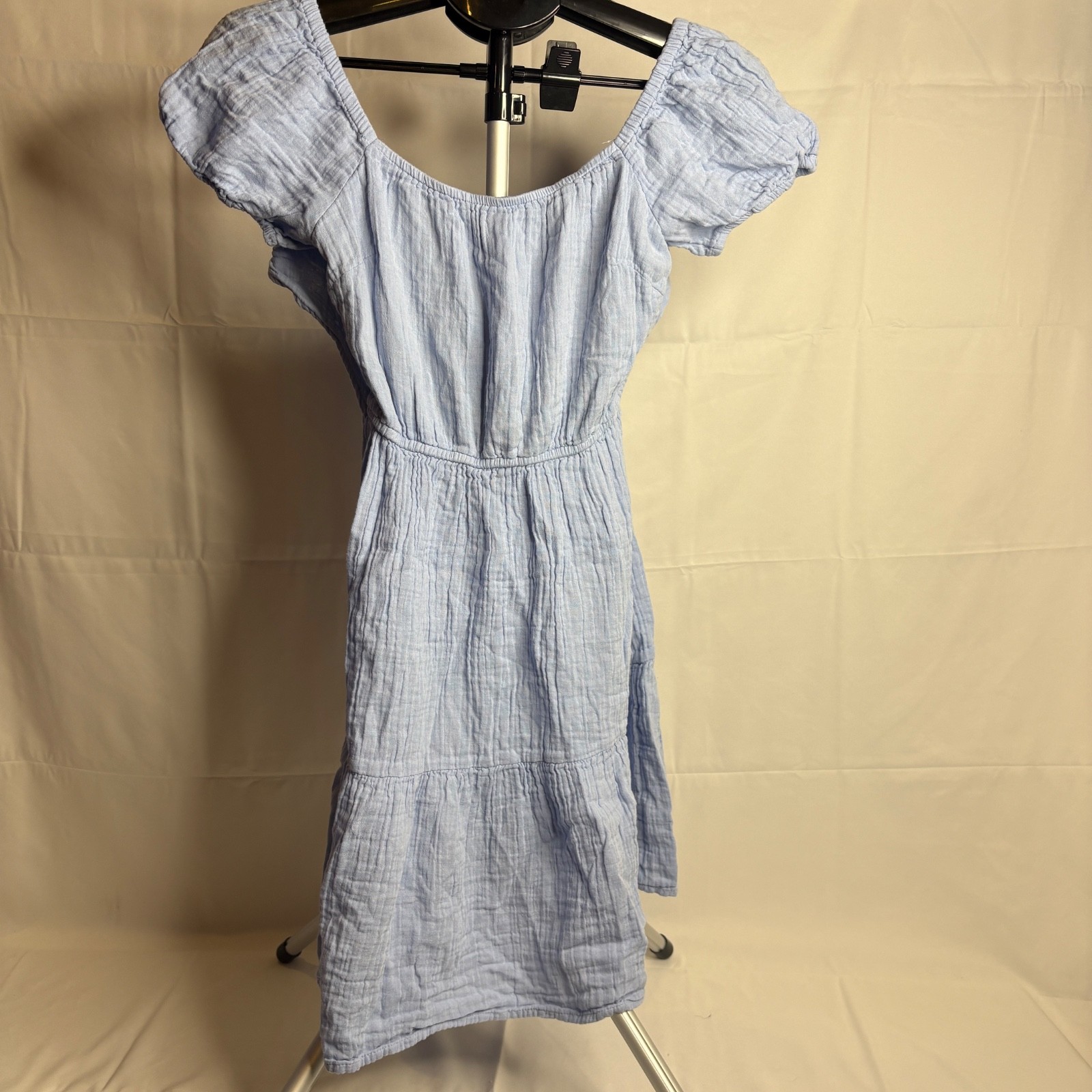 Japna Chambray Blue Off Shoulder Mindi Tie Back Milkmaid Dress S 100% Cotton