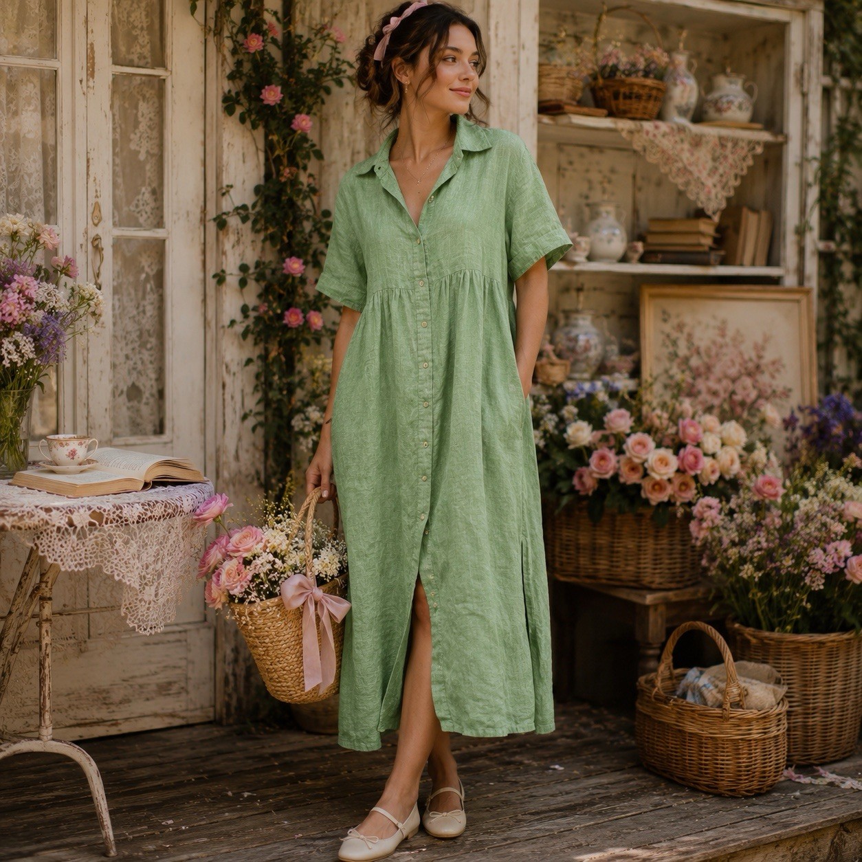 Talbots Linen Bouquet Green Button Down Shirt Dress Quiet Luxury Minimalist