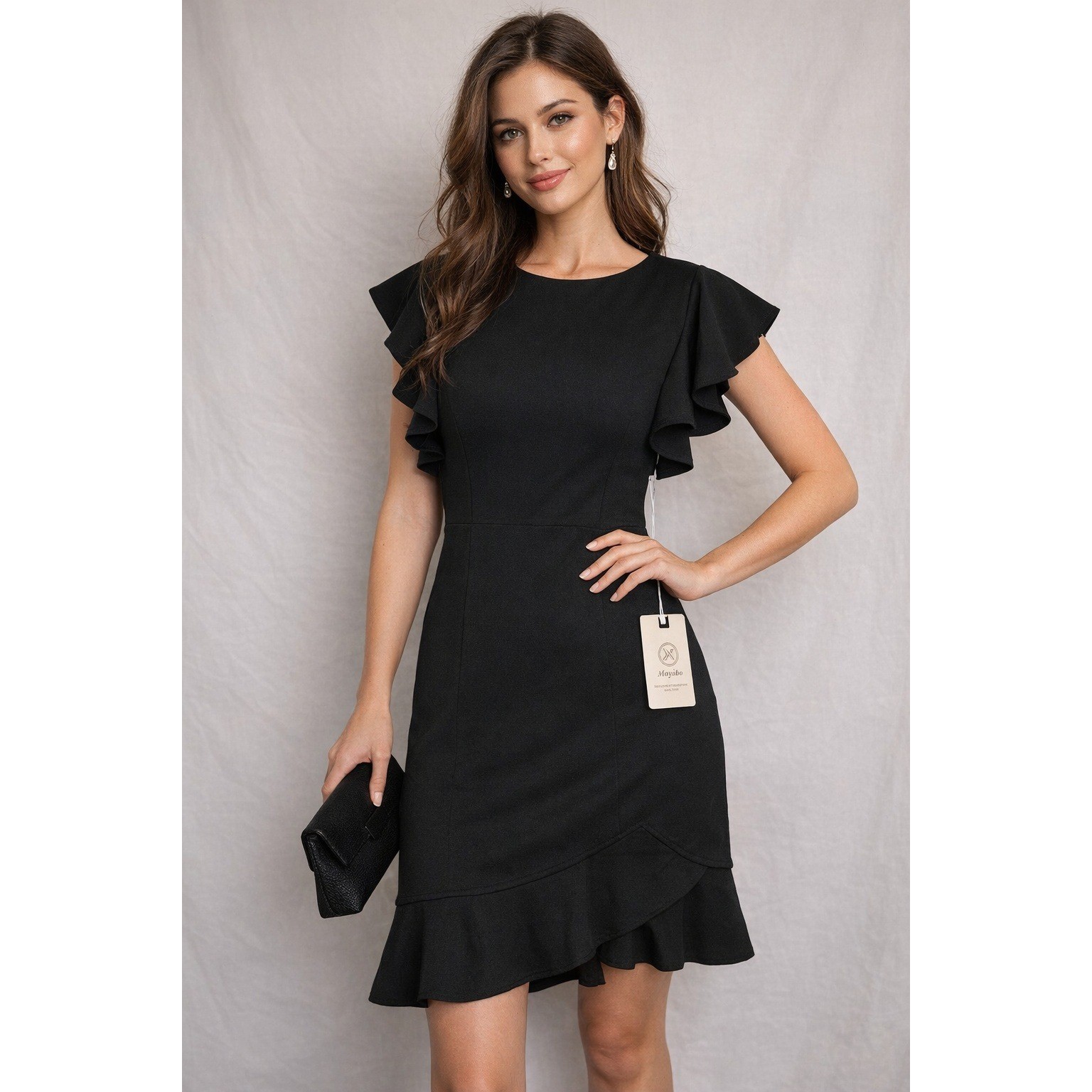 Moyabo Black Ruffle Dress Women M Flutter Sleeve Zip LBD Church Career Cocktail