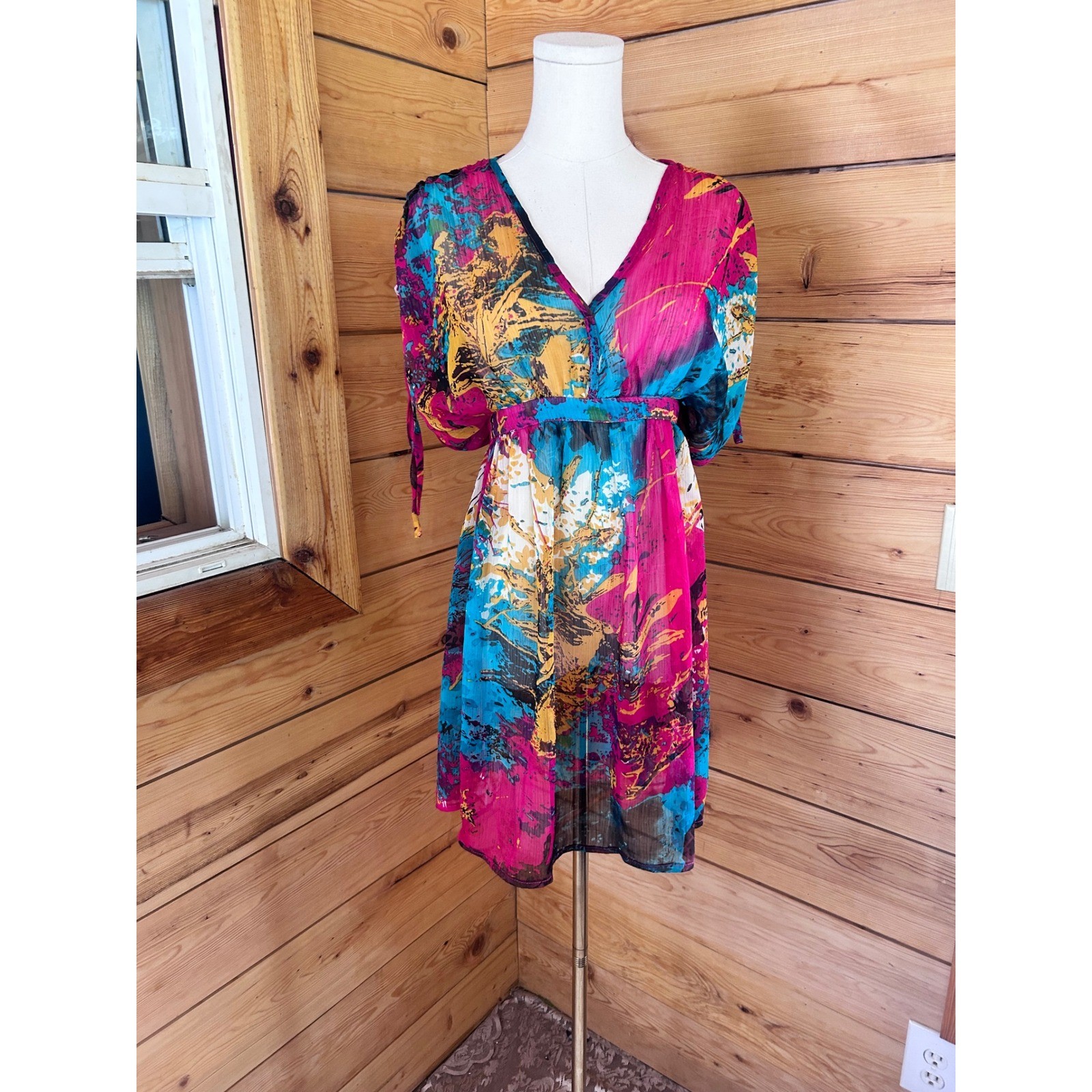 Watercolor Abstract Dress Womens Large Pink Teal Chiffon Empire Waist Papillon
