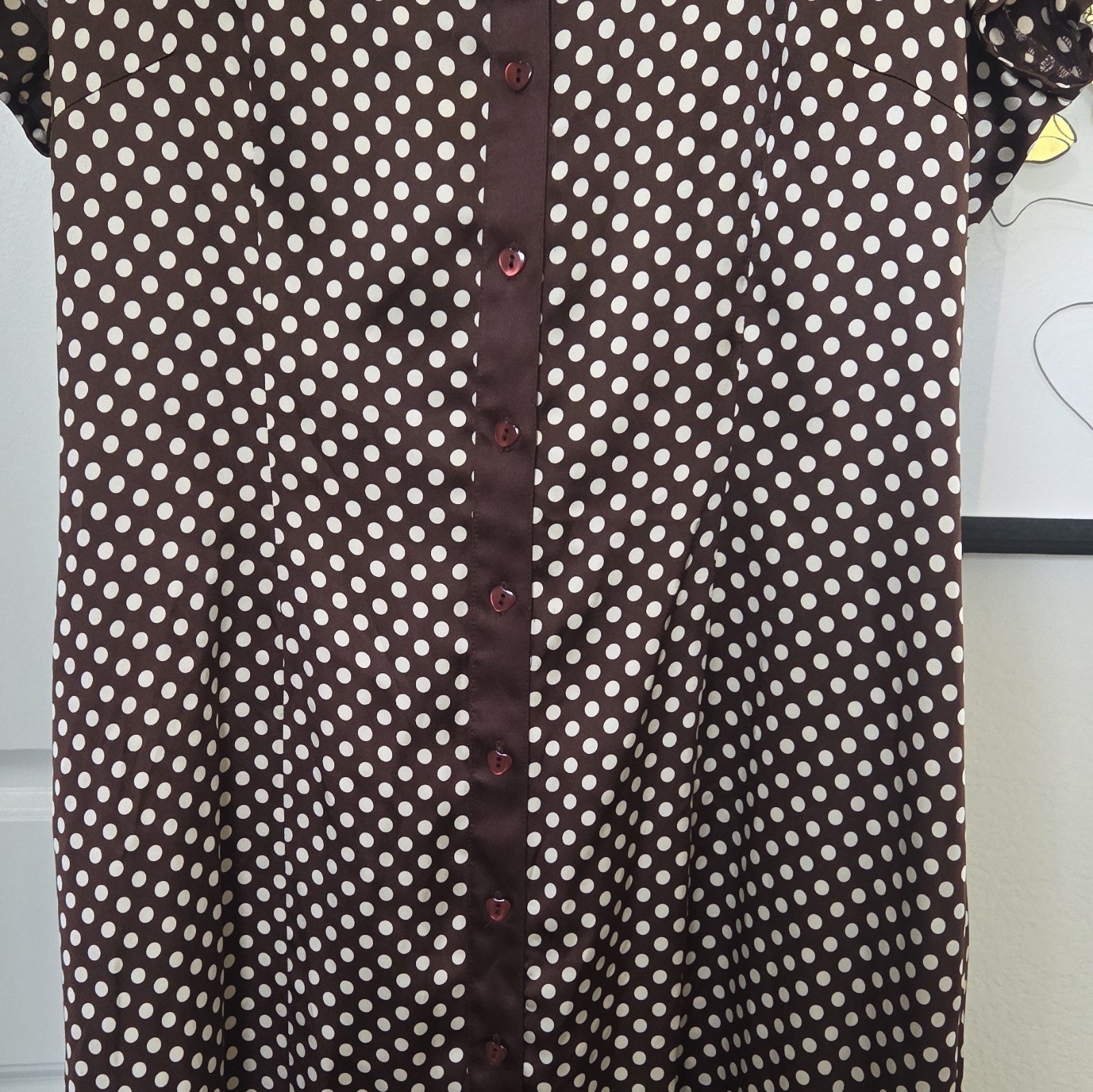 bebe Brown/White Polka Dot Collared Button-Front Shirt Dress Puff Sleeve Sz Lrg