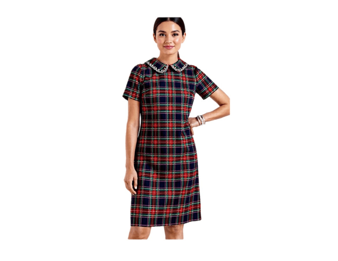Talbots Classic Christmas Dashing Plaid Removable Rhinestone Collar Dress 8