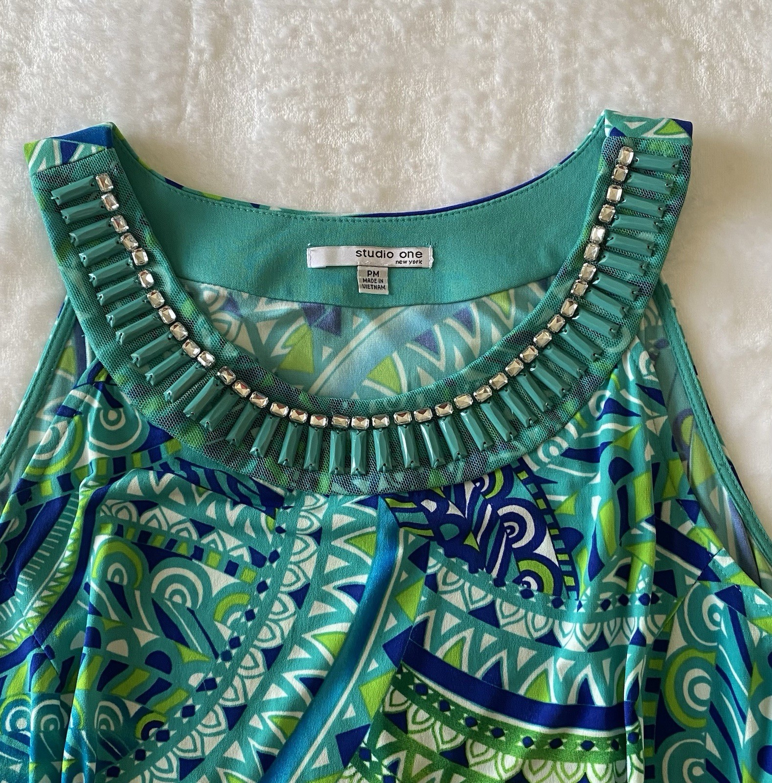 Studio One New York Women’s Petites PM Blue/Green Geometric Shift Knee Dress