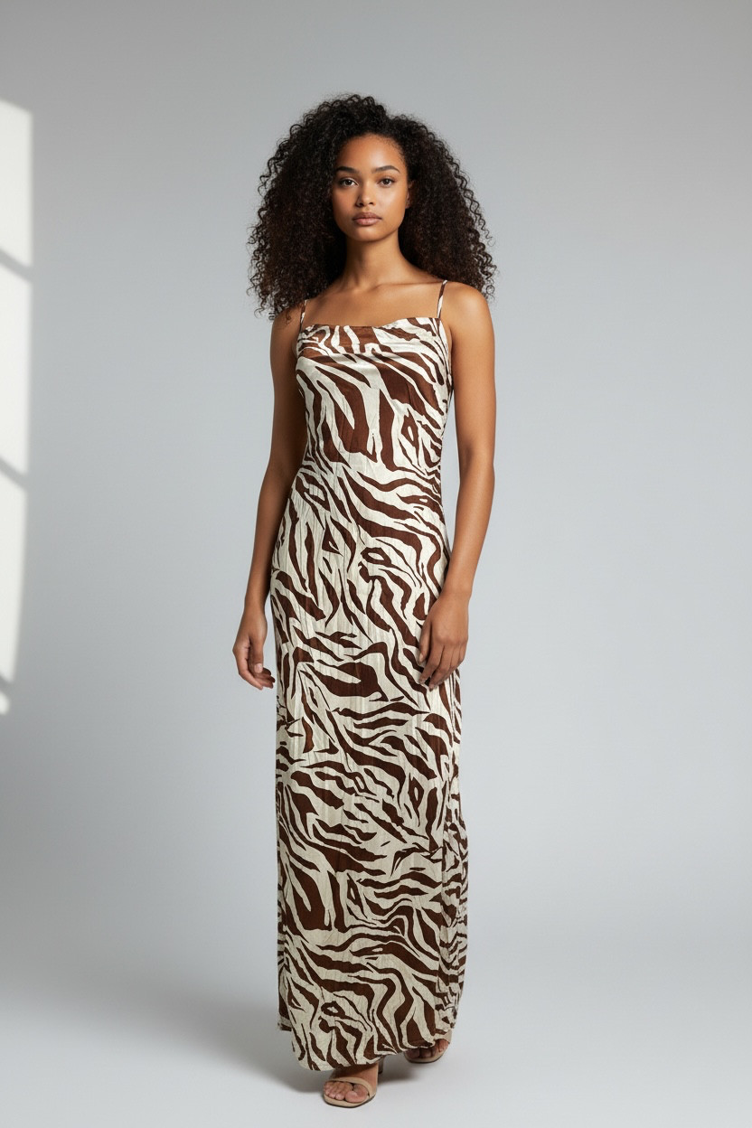 SHEIN Brown Zebra Print Maxi Dress Size Large Y2K Animal Print Slip Dress