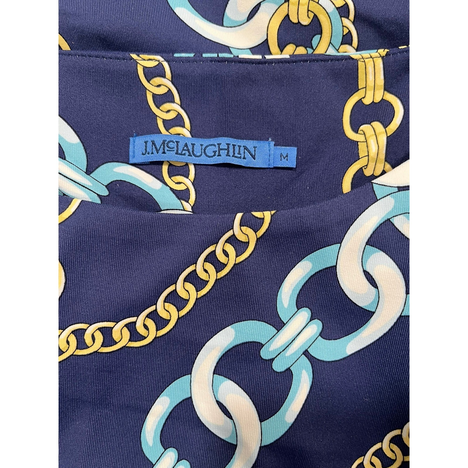 J.McLaughlin Navy Blue Gold Chain Link Print Ruched Sheath Dress Womens Medium