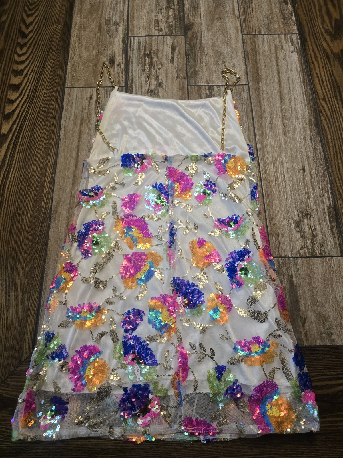 Womans Rainbow Sequin Mesh Overlay Dress Chain Strap Size Small. Festival.Y2k.