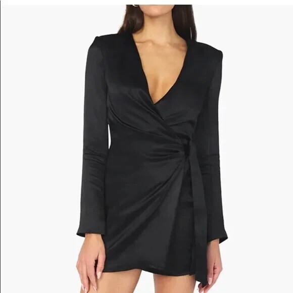 WeWoreWhat Dress Wrap Mini Black Ruched Satin Women’s Size XS Party