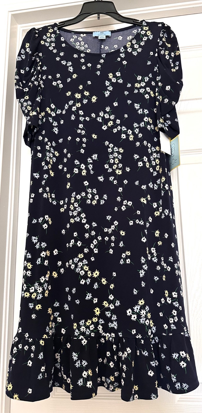 Cece Countryside Stroll navy puff short sleeve ruffle hem dress size Small