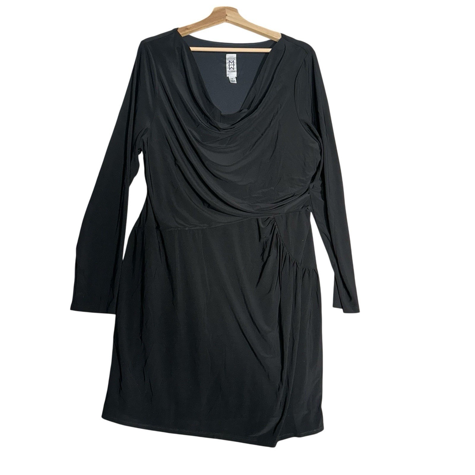 Marc Bouwer Dress XL Black Draped Cowl Neck Long Sleeve Sheath Cocktail Workwear