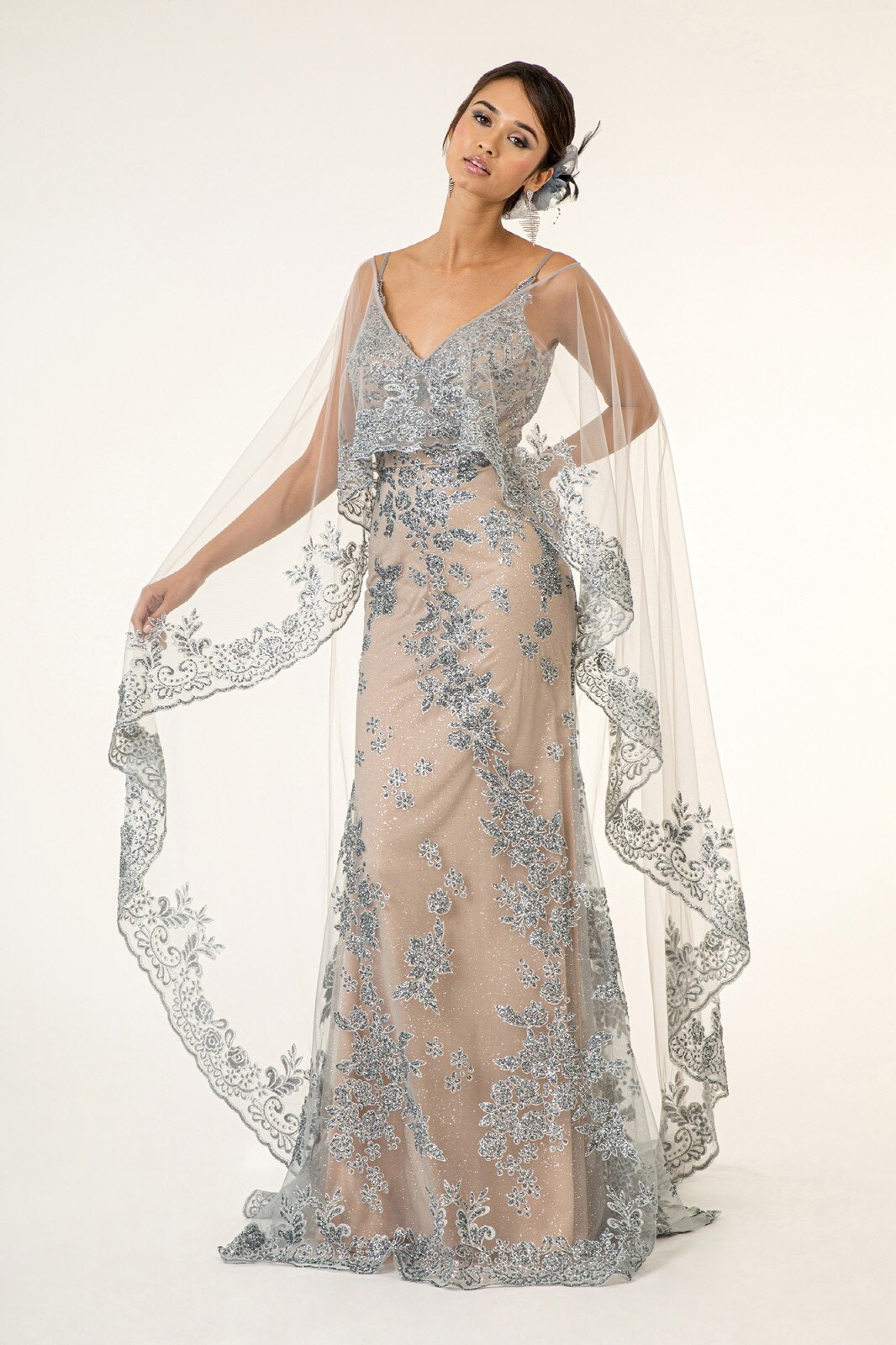 GLS Silver Glitter Embellished Mesh Floral Dress Detachable Cape Size XL $599