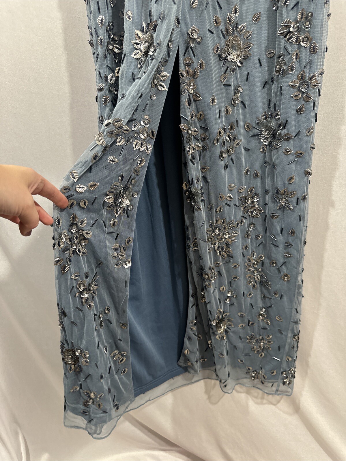NWT Mac Duggal [ 8 ] 5477 Floral Embellished Scoop Neck Gown in Slate Grey #J853