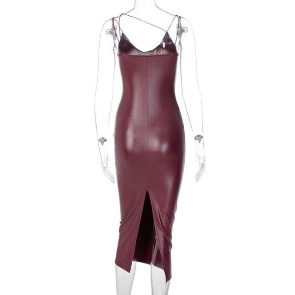 vegan leather brown strapless midi bodycon dress with asymmetrical straps size 4