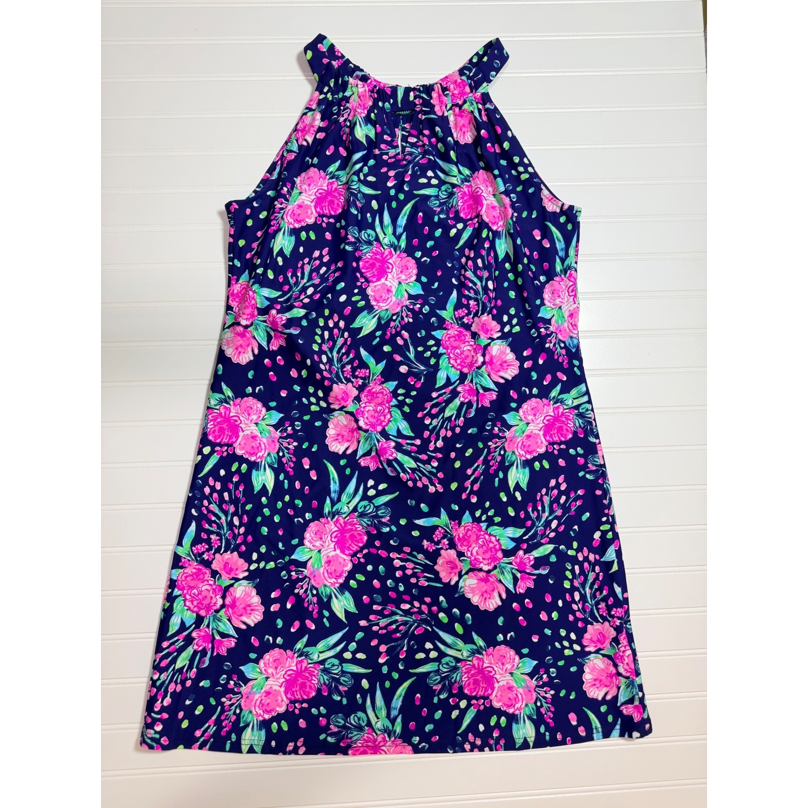 Aryeh Womens Navy Blue Pink Floral Halter Neck A-Line Dress Size Large