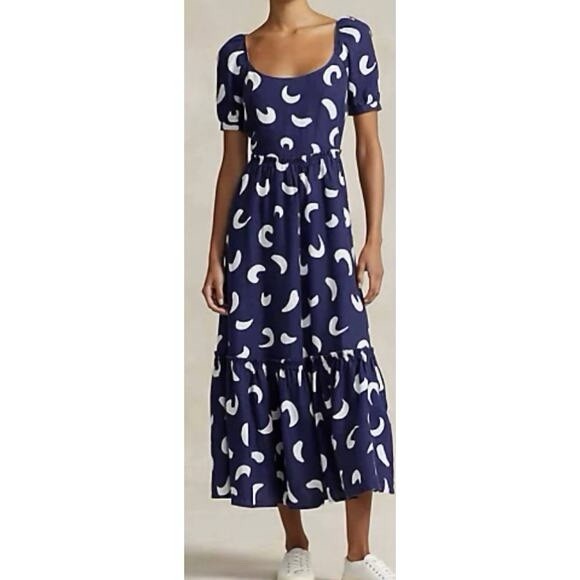 Polo Ralph Lauren EUC Kai Navy Blue Linen Midi Tiered Dress Sz 12