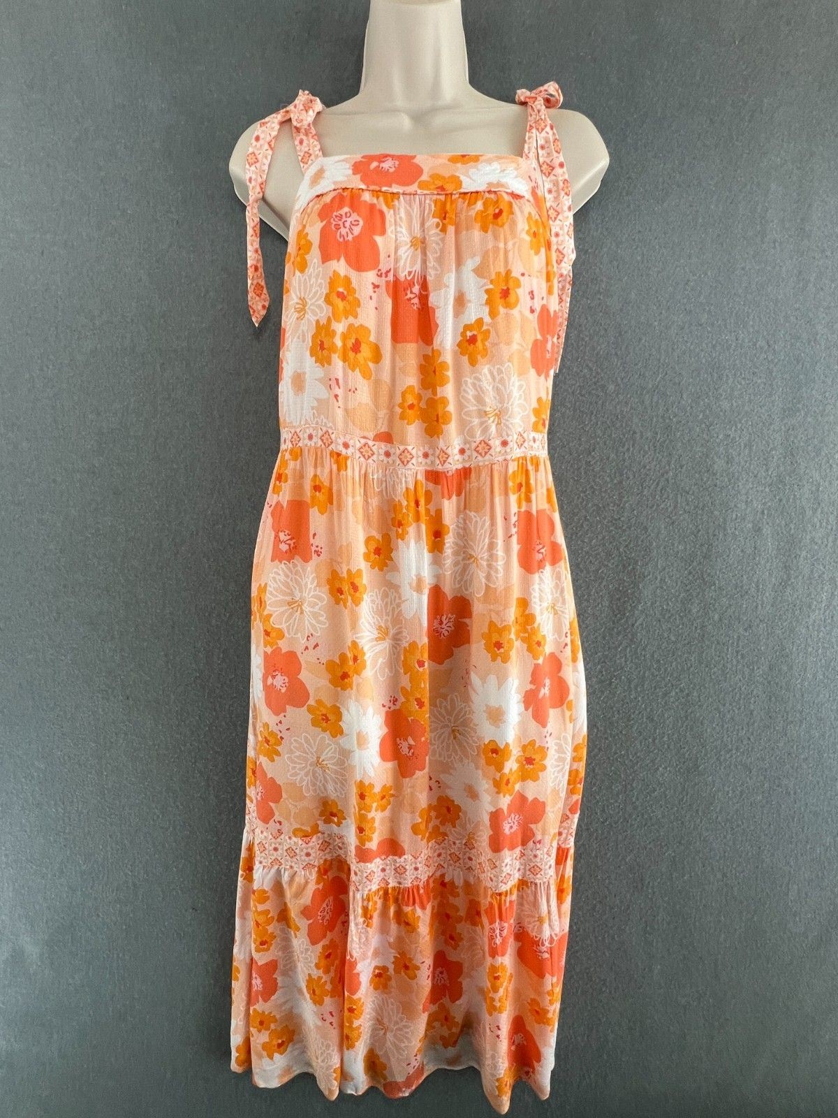 Oliver Bonas Floral Summer Dress UK 8 Orange Tie Shoulder Midi Boho Holiday