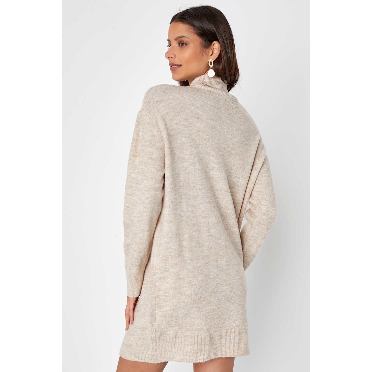 NWT Lulus Soft Knit Turtleneck Mini Sweater Dress Heather Beige Sz L Cozy Light