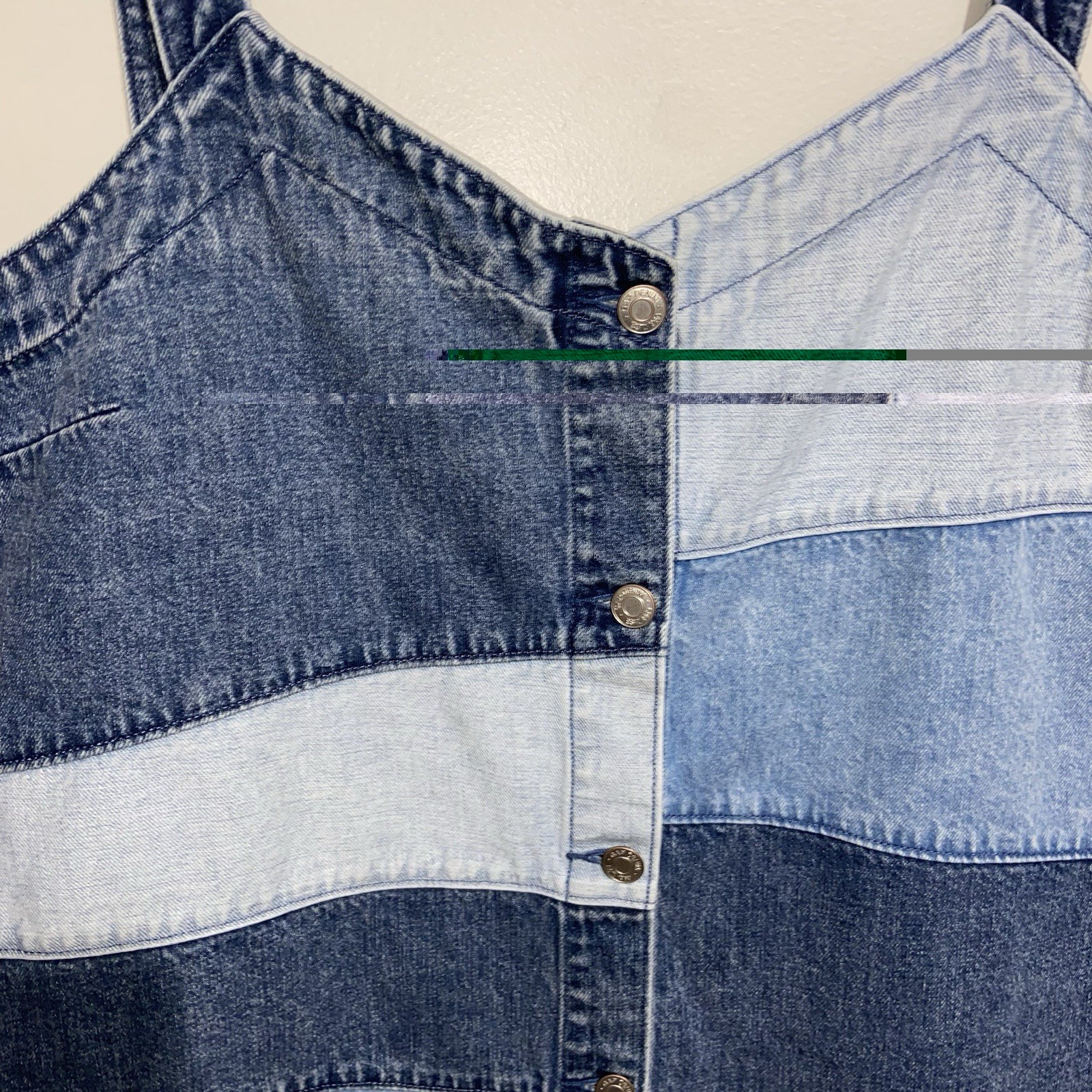 GAP Dress XL Pieced Patchwork Denim Pinafore Blue Jean Button Retro Festival