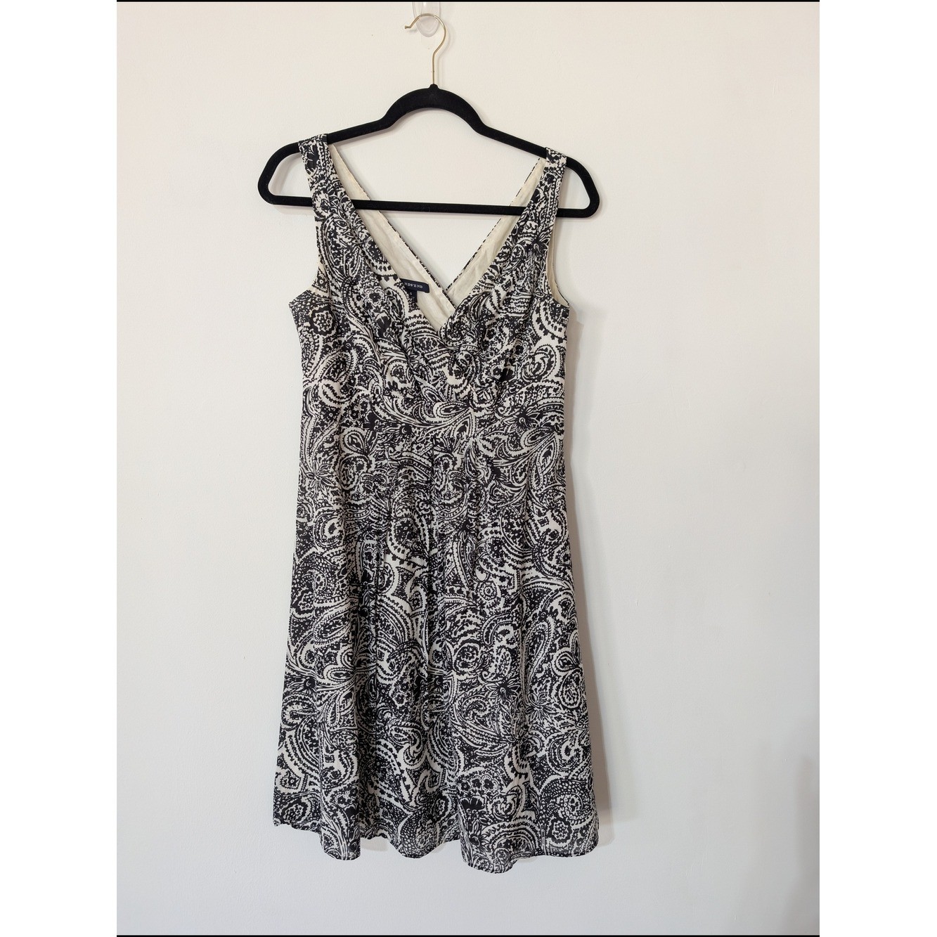 Land’s End Paisley Print Faux Wrap 100%Cotton V Neck Midi Dress Black Sz 6
