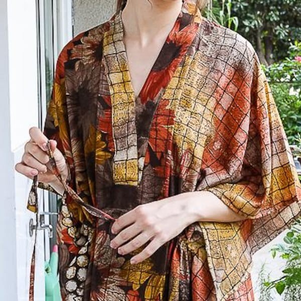Silk Brown Kaftan / Handmade Flowy Maxi Dress / Resort Wear Outfit PS MFN1054