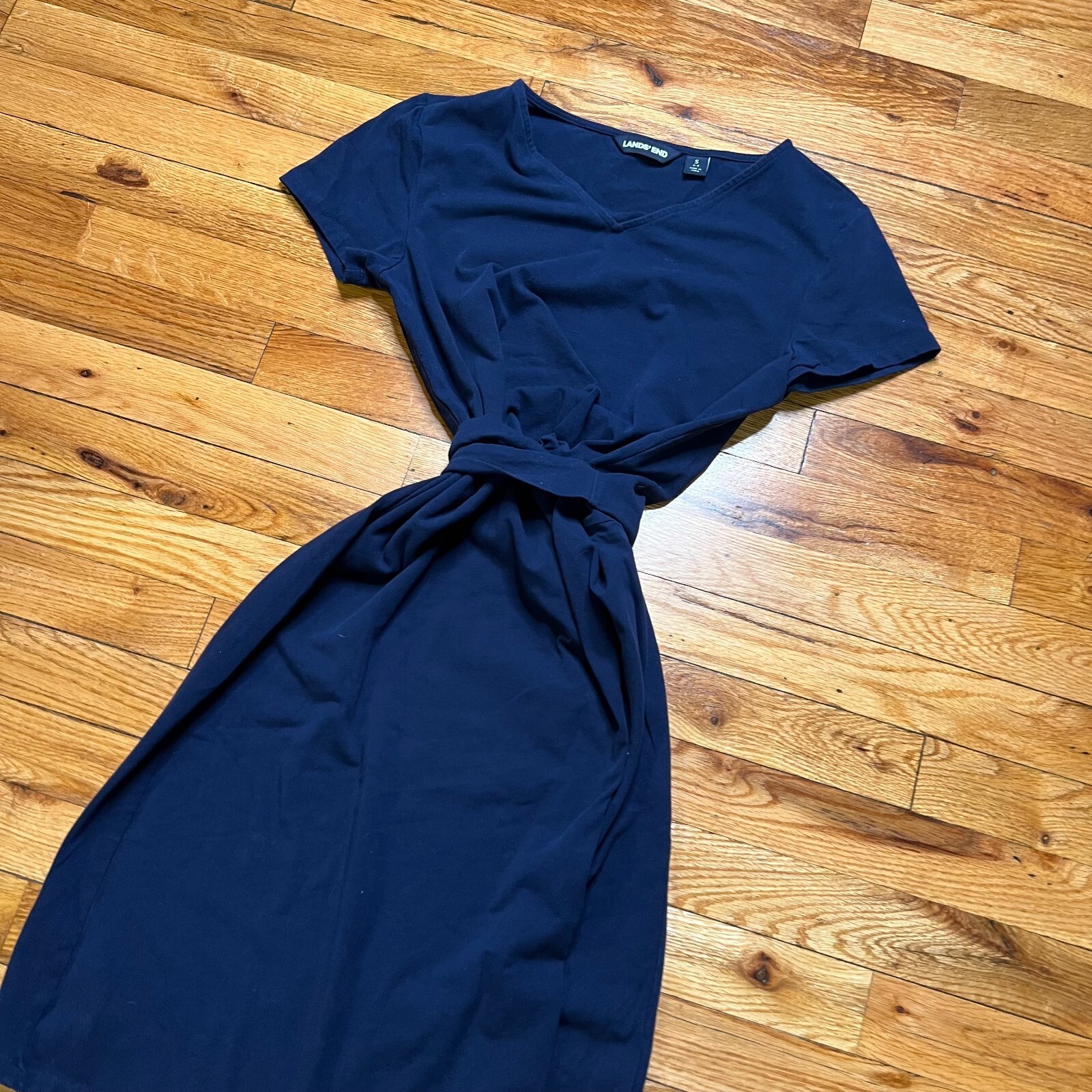 Lands End V Neck T Shirt Dress Size Small Midi Length 34 in L Navy Blue Belted