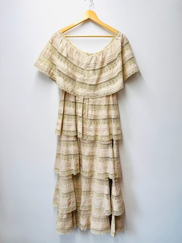 Vintage 60s Cream Cotton Tiered Lace Maxi Dress