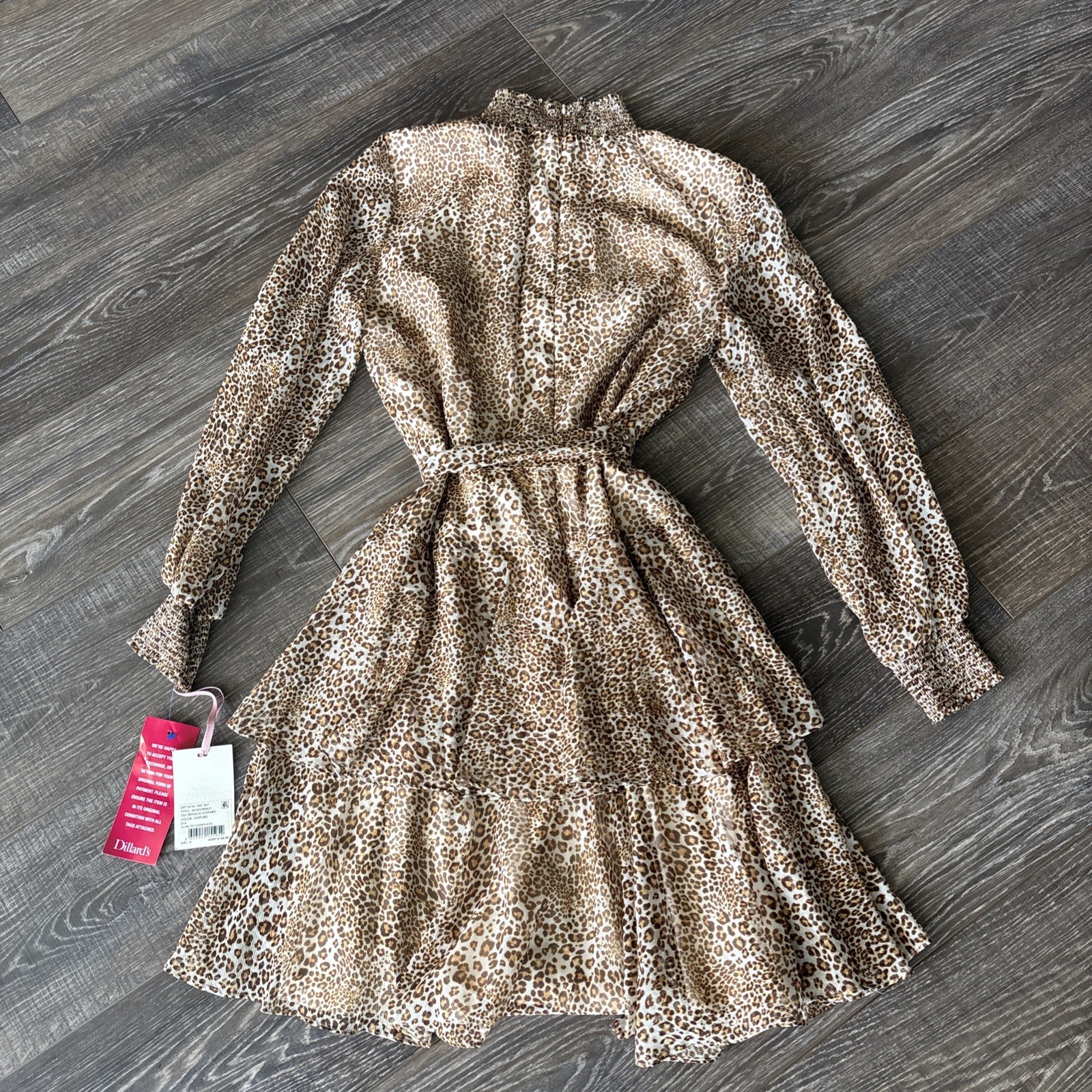 NWT Women’s Alex Marie Size 8 Leopard Print Smocked High Neck Long Sleeve Dress