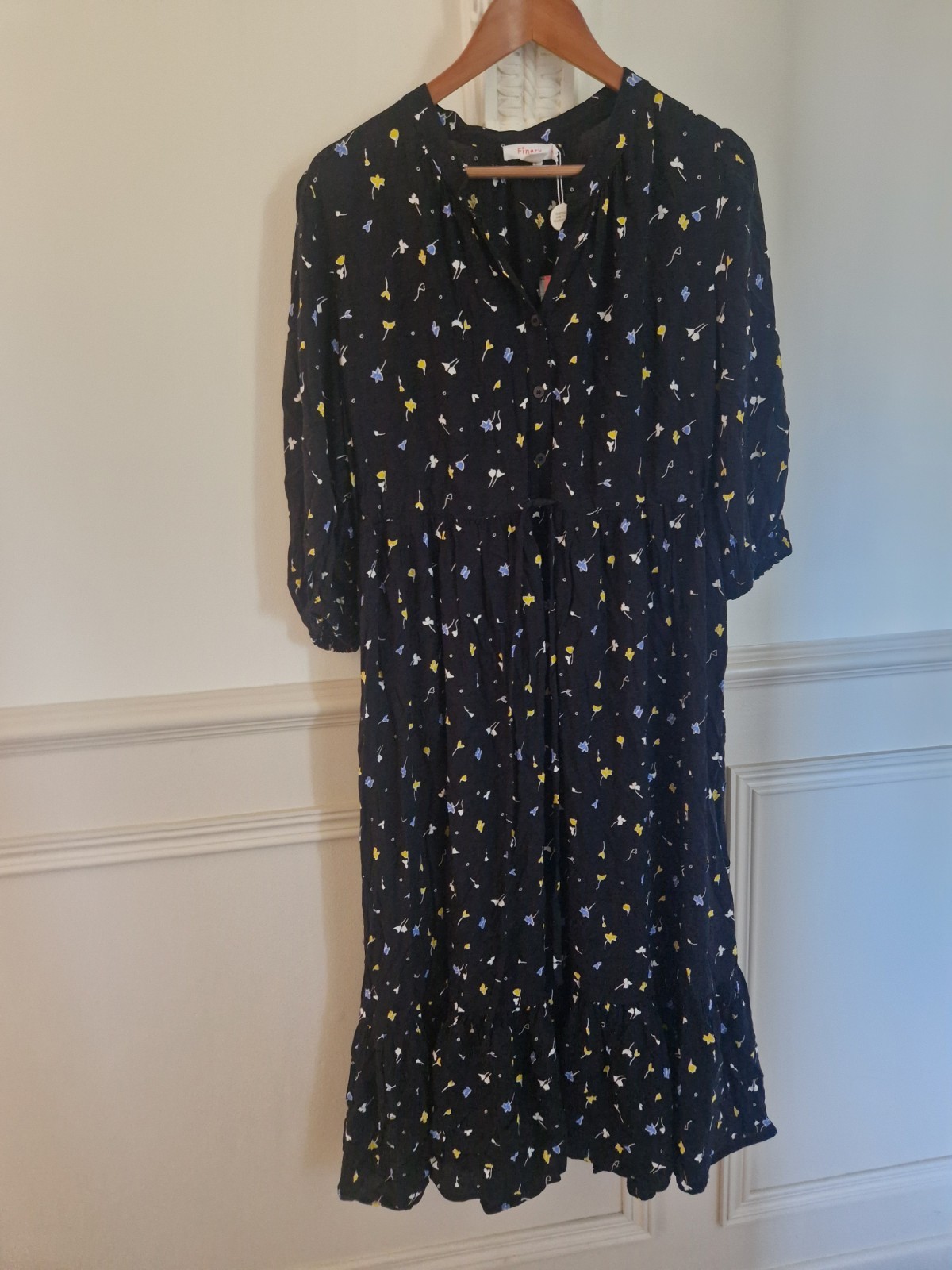 Finery Dress Size 14 Black Colour Pattern Midi Long Button Up Spring Summer