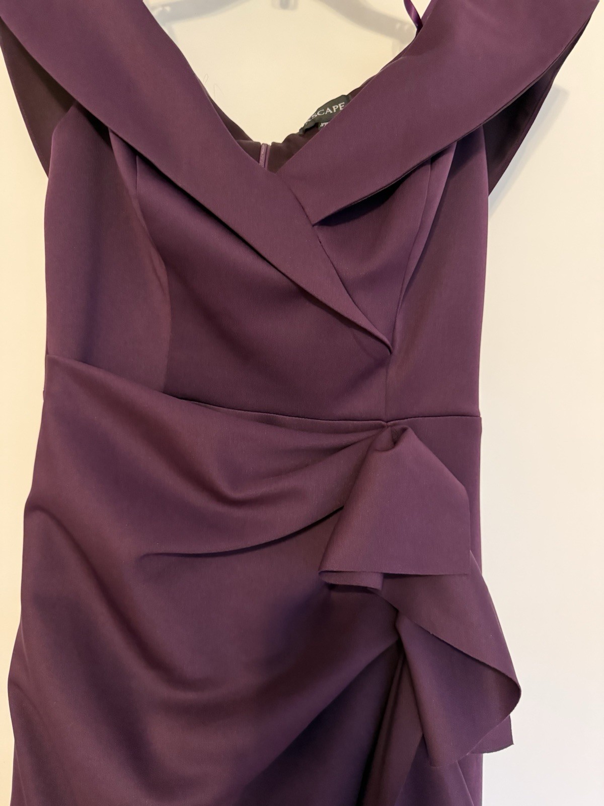 Xscape Purple Solid Off Shoulder Ruffle Ruched Long Formal Gown Dress 8