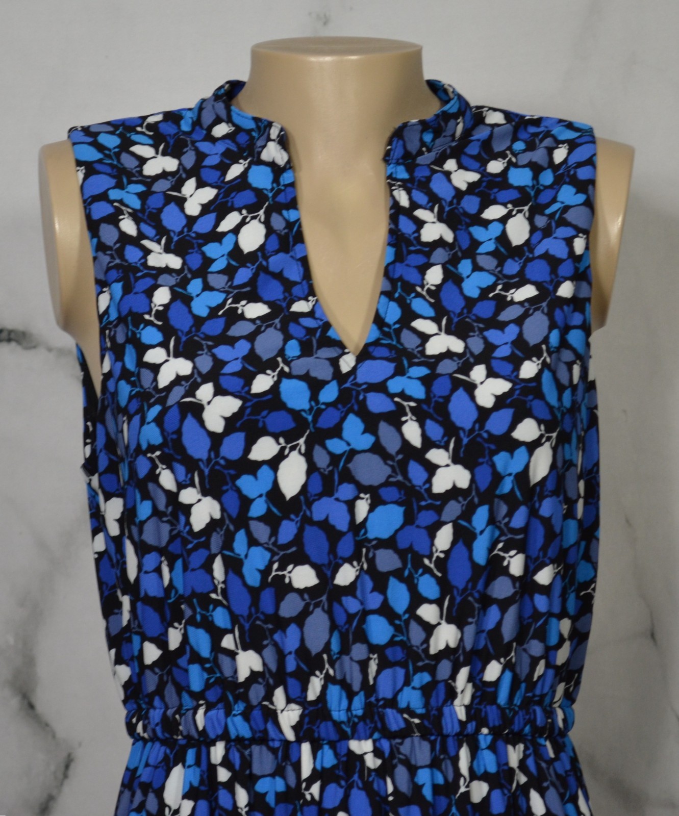 ANNE KLEIN Black Blue Beige Leaf Print Sleeveless Dress 10 Elastic Waist