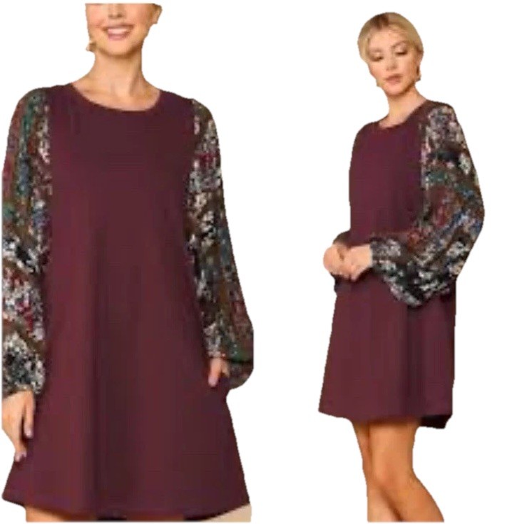 GIGIO Umgee Maroon Floral Balloon Sleeve Dress S Boho Whimsical Hippie Chic