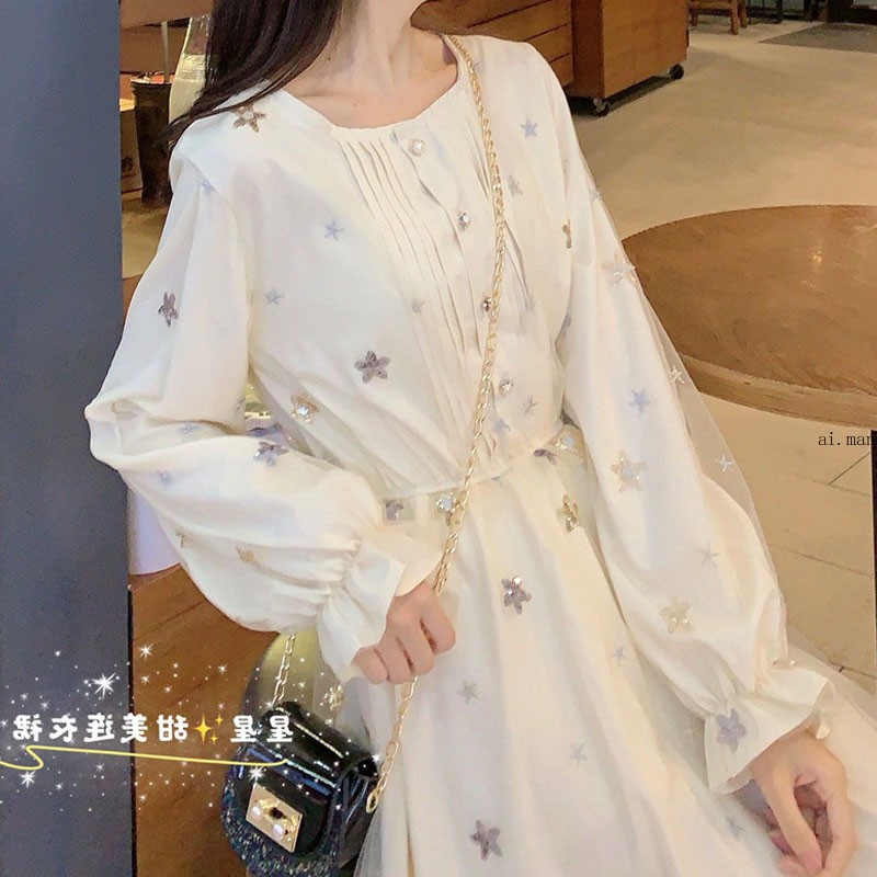 Lady Midi Mesh Dress Sheer Star Glitter Ruffle Long Sleeve Elastic Waist A-line