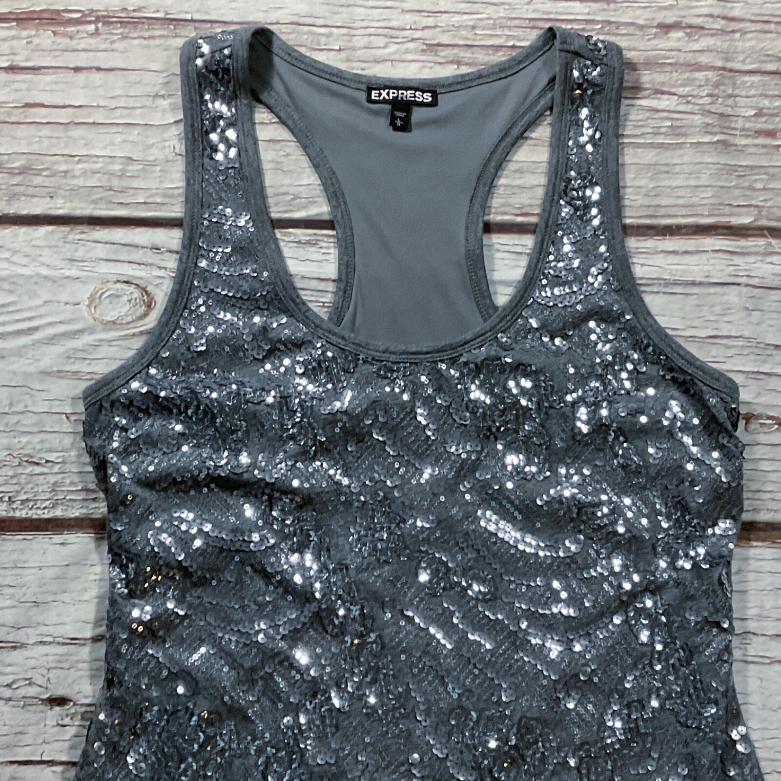 Express Womens Dress size Large Gray Sequin Racerback Pullover Fully Lined Short