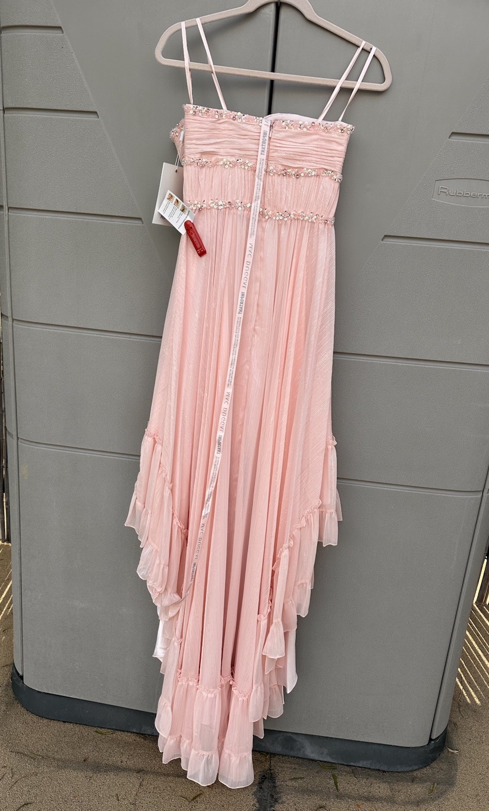 Mac Duggal Strapless Beaded Ruffle High Low Prom Gown in Ice Pink Sz 6 Princess