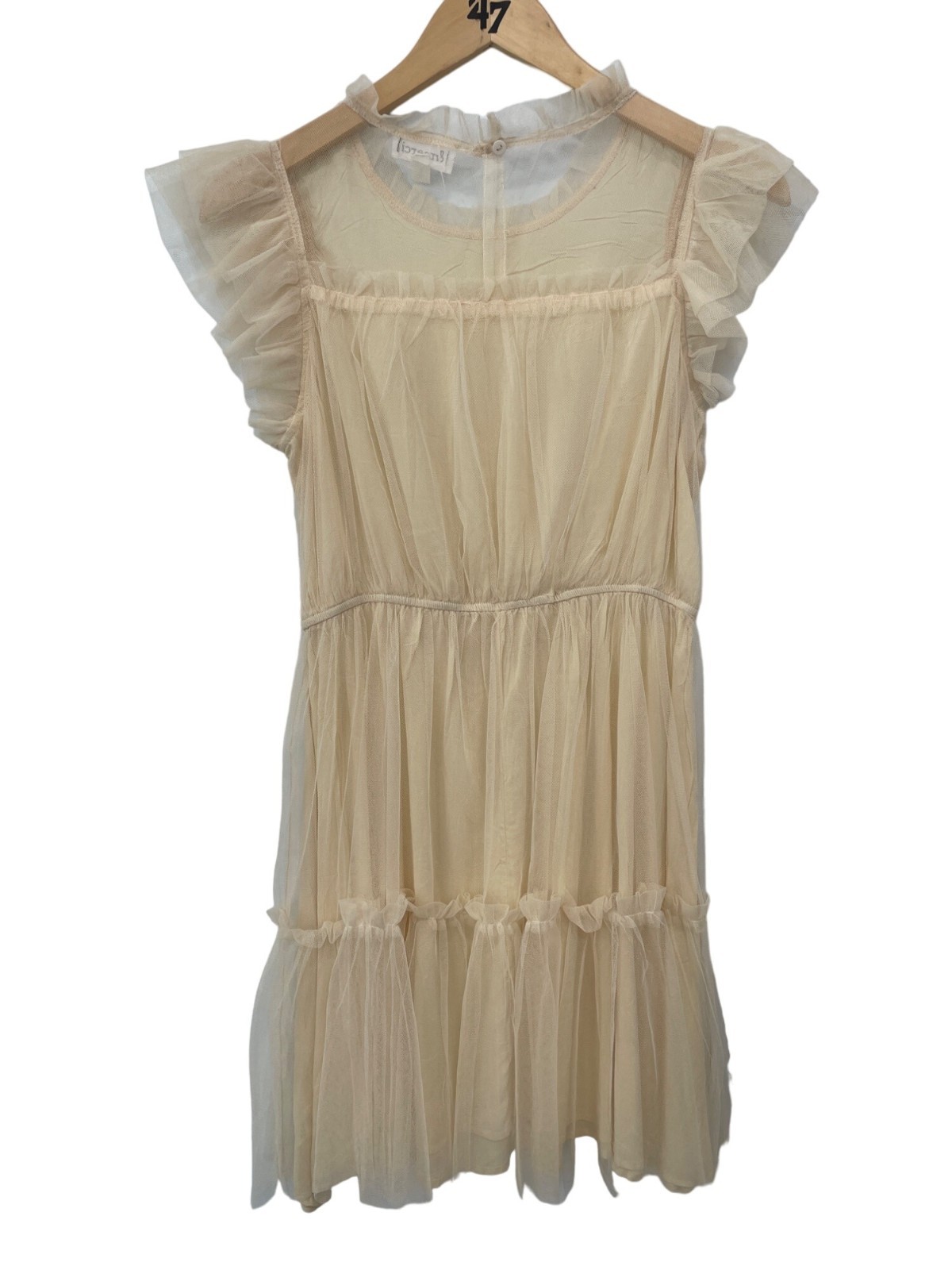 &Merci Mini Dress Large Tulle A Line Tiered Cream Polyester Mesh Ruffle Retro
