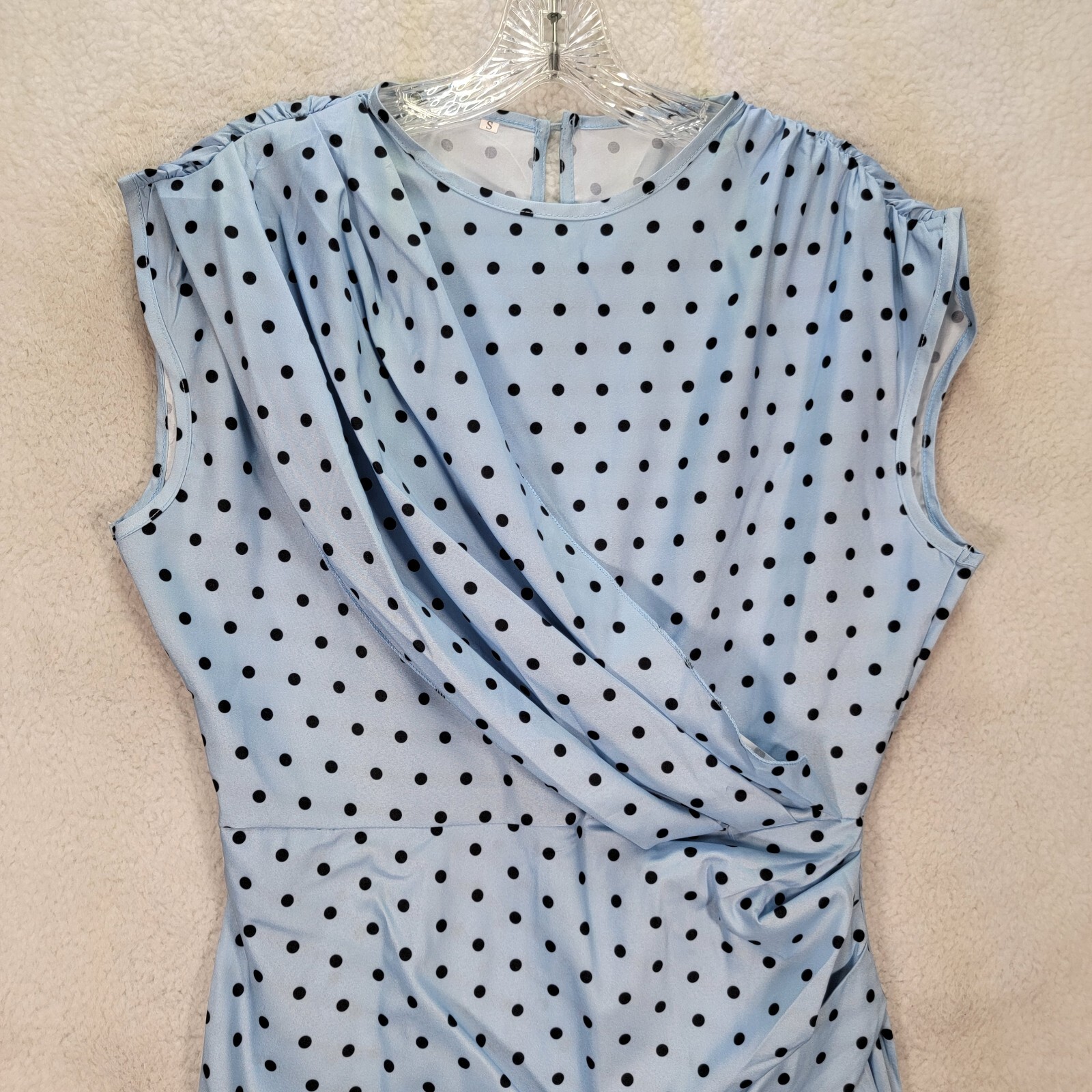 Sky Blue Polka Dot Stretch Pleated Mock Wrap Sheath Elegant Women Dress Size S