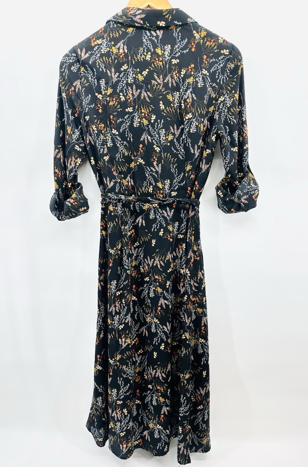 DR2 Womens Small Black Floral Shirt Dress Tie Waist Button Front Boho Midi QQ27