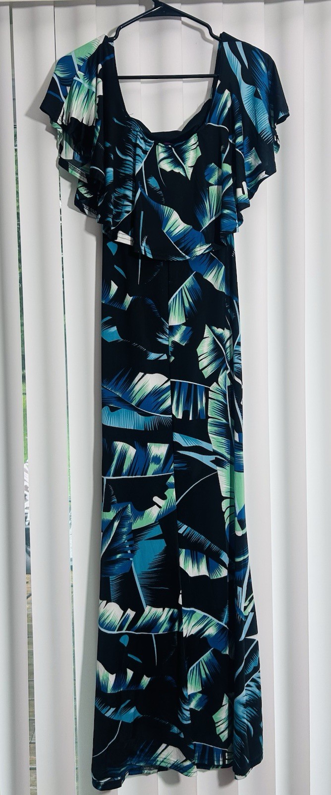 Hot Miami Styles Tropical Palm Leaf Print Maxi Dress Off Shoulder Size Small