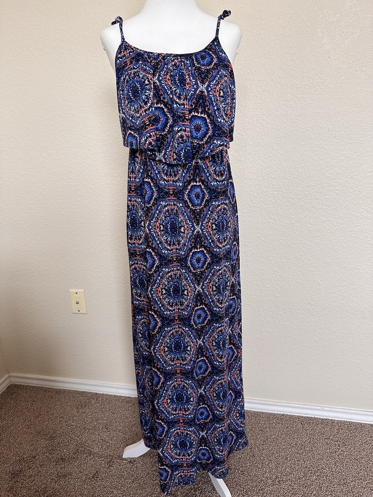 Stella Tweed Women’s Blue Geometric Maxi Dress Scoop Neck Smocked Strappy M