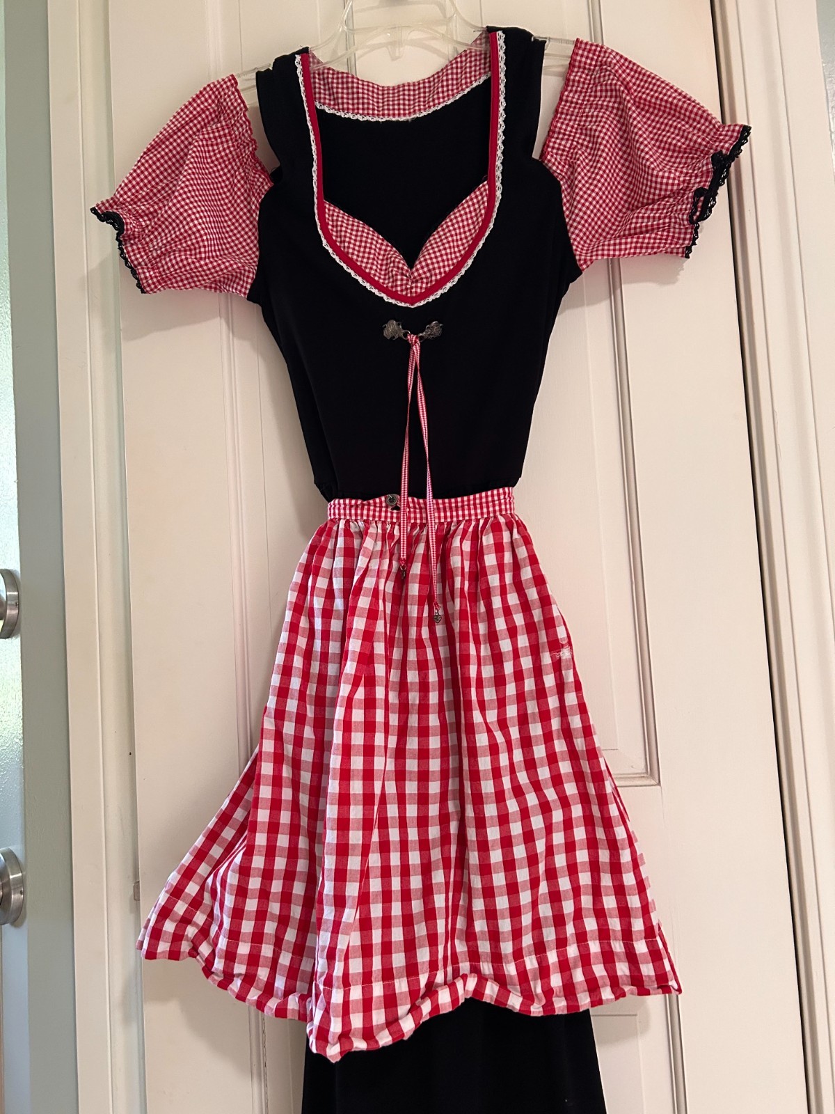 Oktoberfest Dirndl 2 pc Short Black/Red Check Off the Shoulder V-Neck Dress