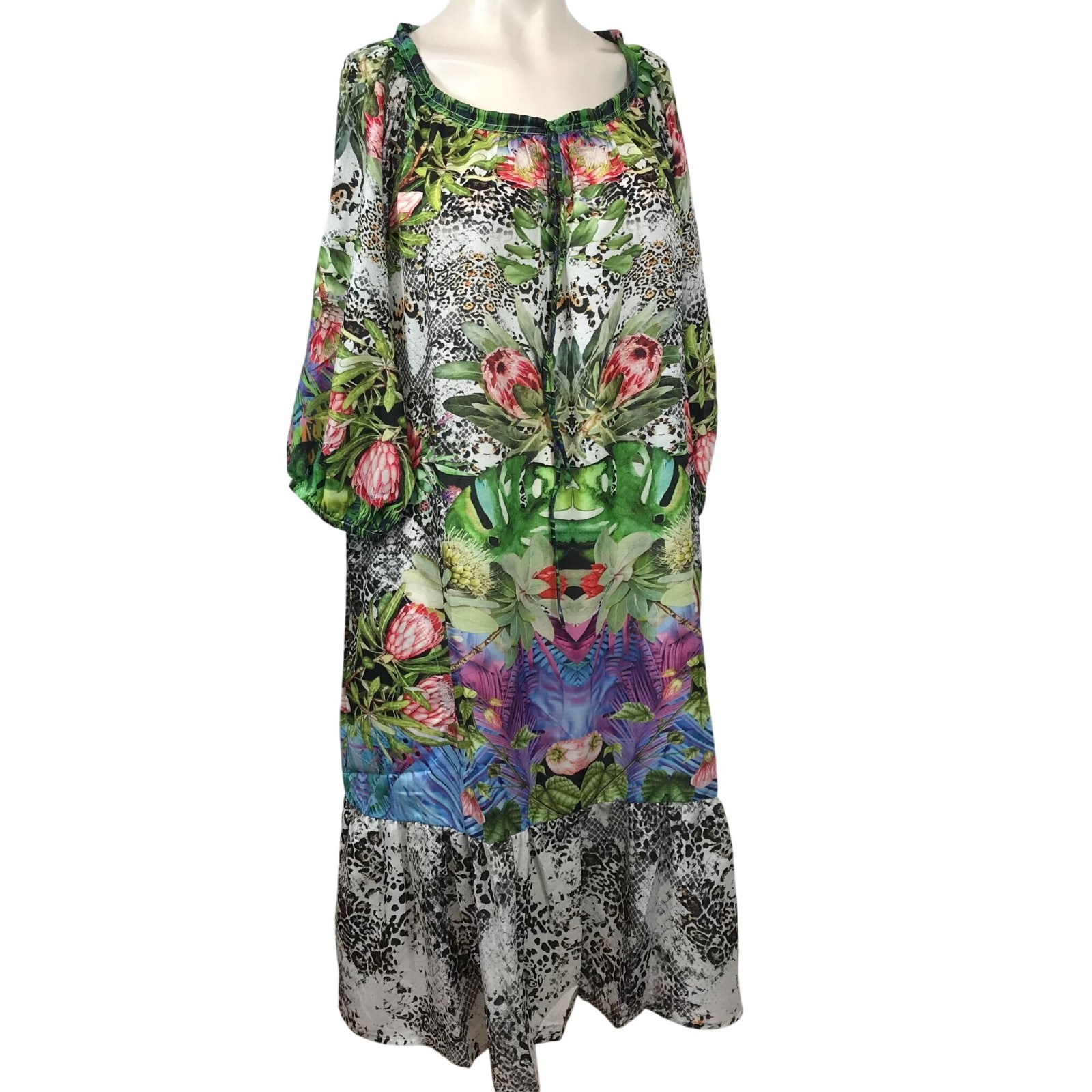 SAKKAS – WOMEN’S ONE SIZE MULTICOLOR FLORAL 3/4 SLEEVE KAFTAN POPOVER DRESS