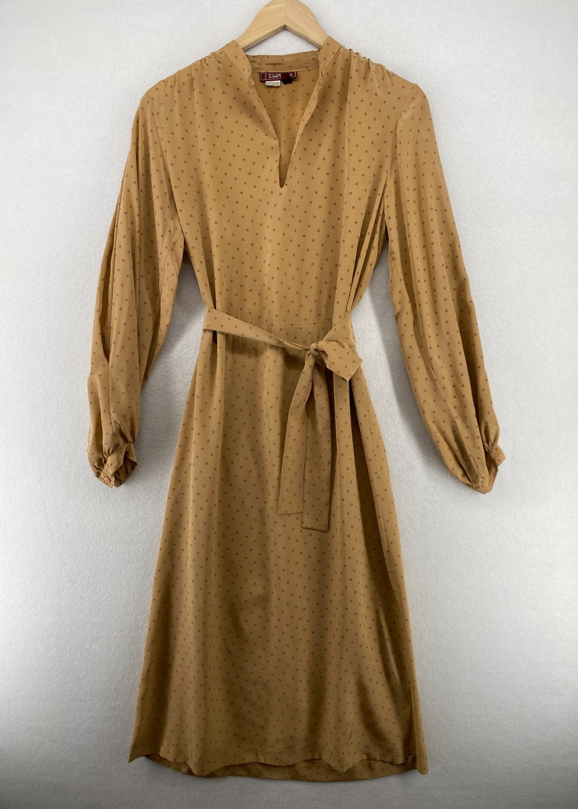 ELSA MODE Dress 14 Pure Silk A-Line Midi Keyhole Neck Belted Slit Sleeve Beige