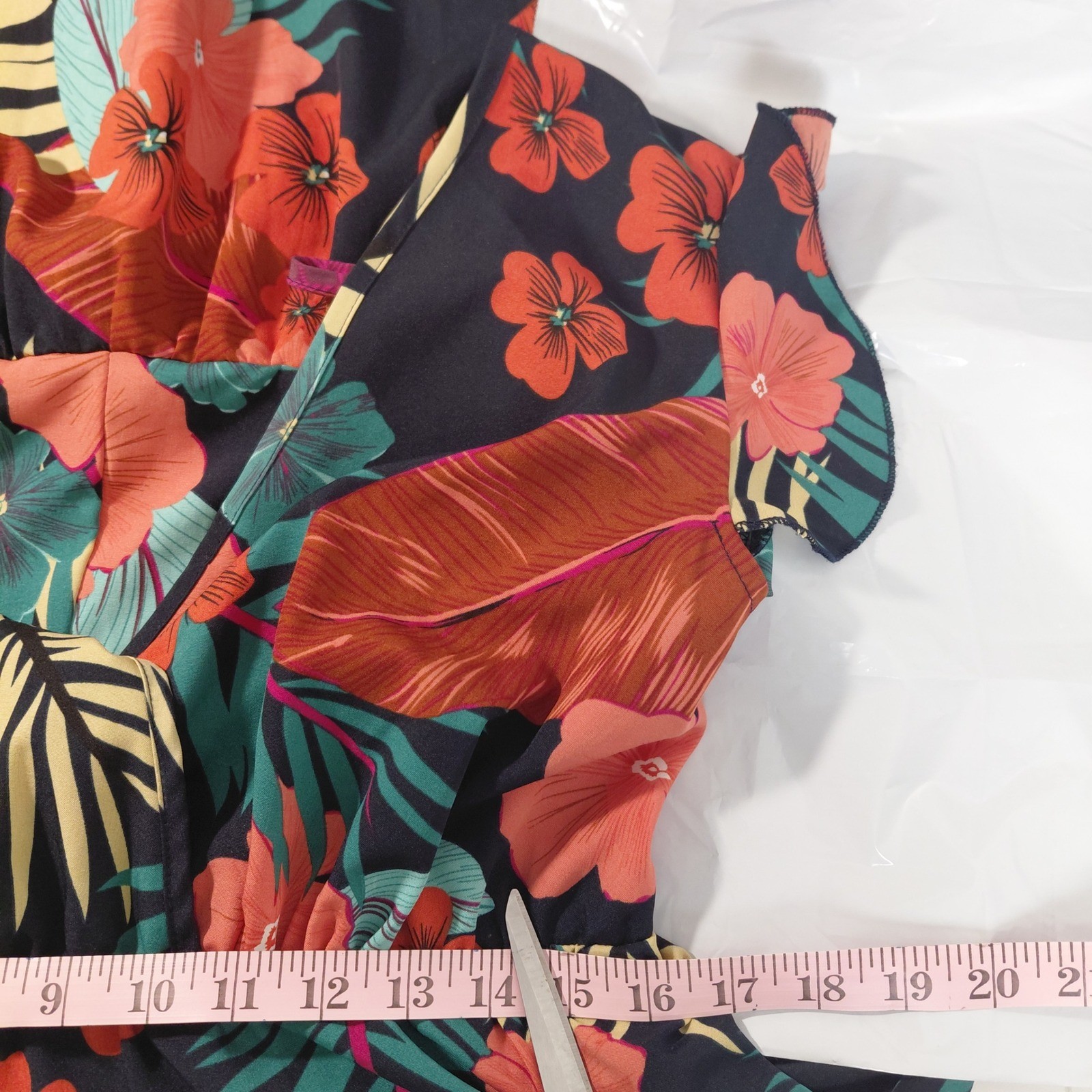 Tropical Floral V-Neck Ruffle Mini Dress Flutter Sleeve Tie Back High Waist ?Lg?