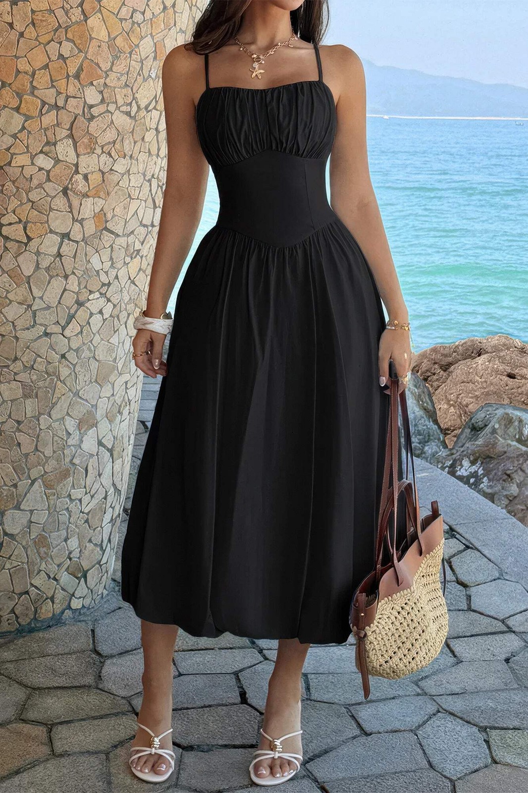 Women’s Square Neck Sleeveless Ruched Bust A-Line Midi Dress Open Back