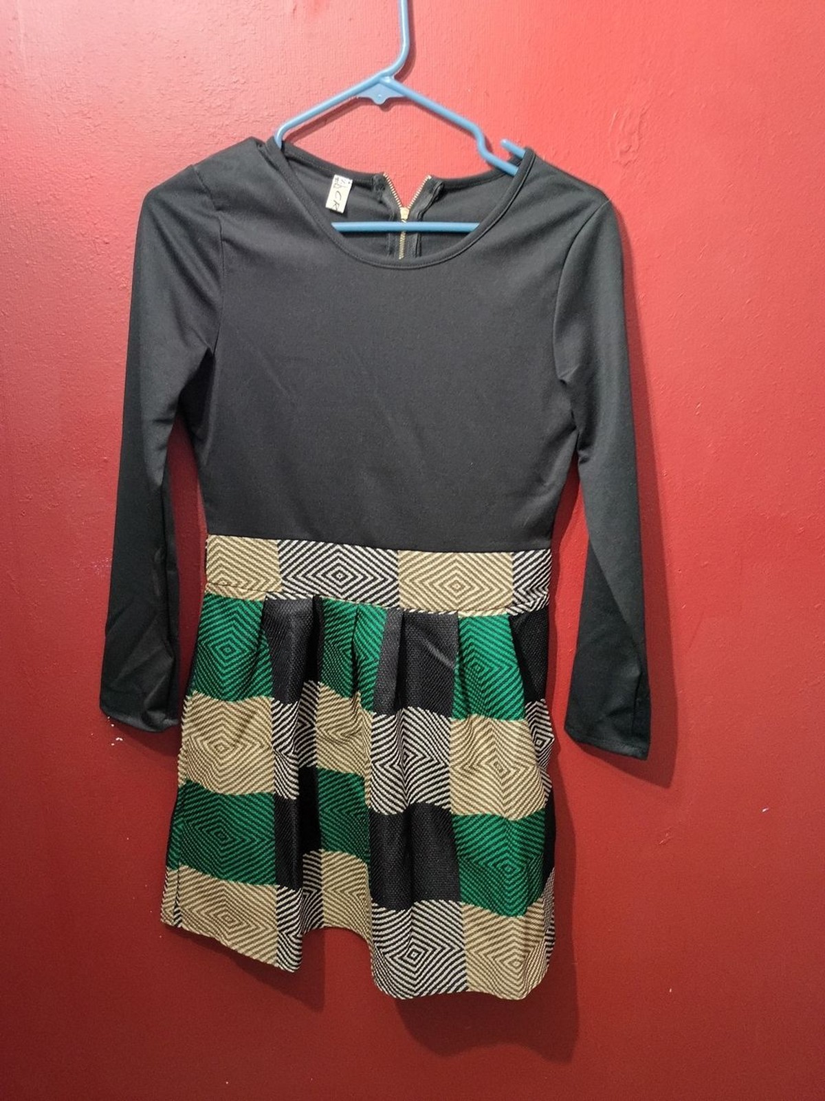 Women’s Black Midi Dress with Green & Beige Patterned Skirt
