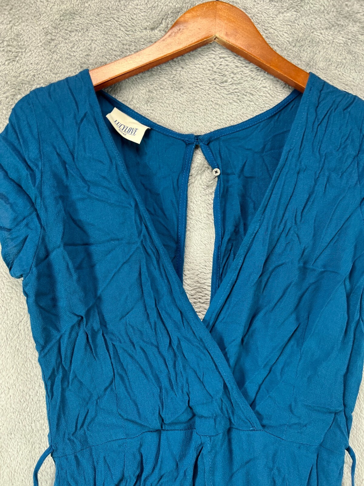 Lucy Love Womens Small Romper Dress Blue Crepe Cap Sleeve Hello Goodbye Dress