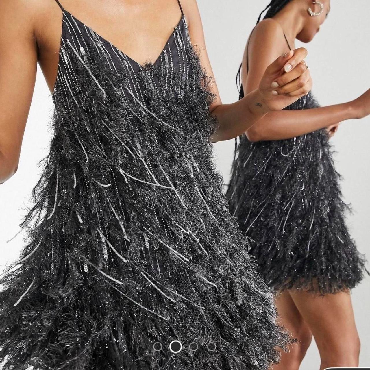ASOS Edition Sequin and Feather Mini Dress midnight Grey US14 NEW