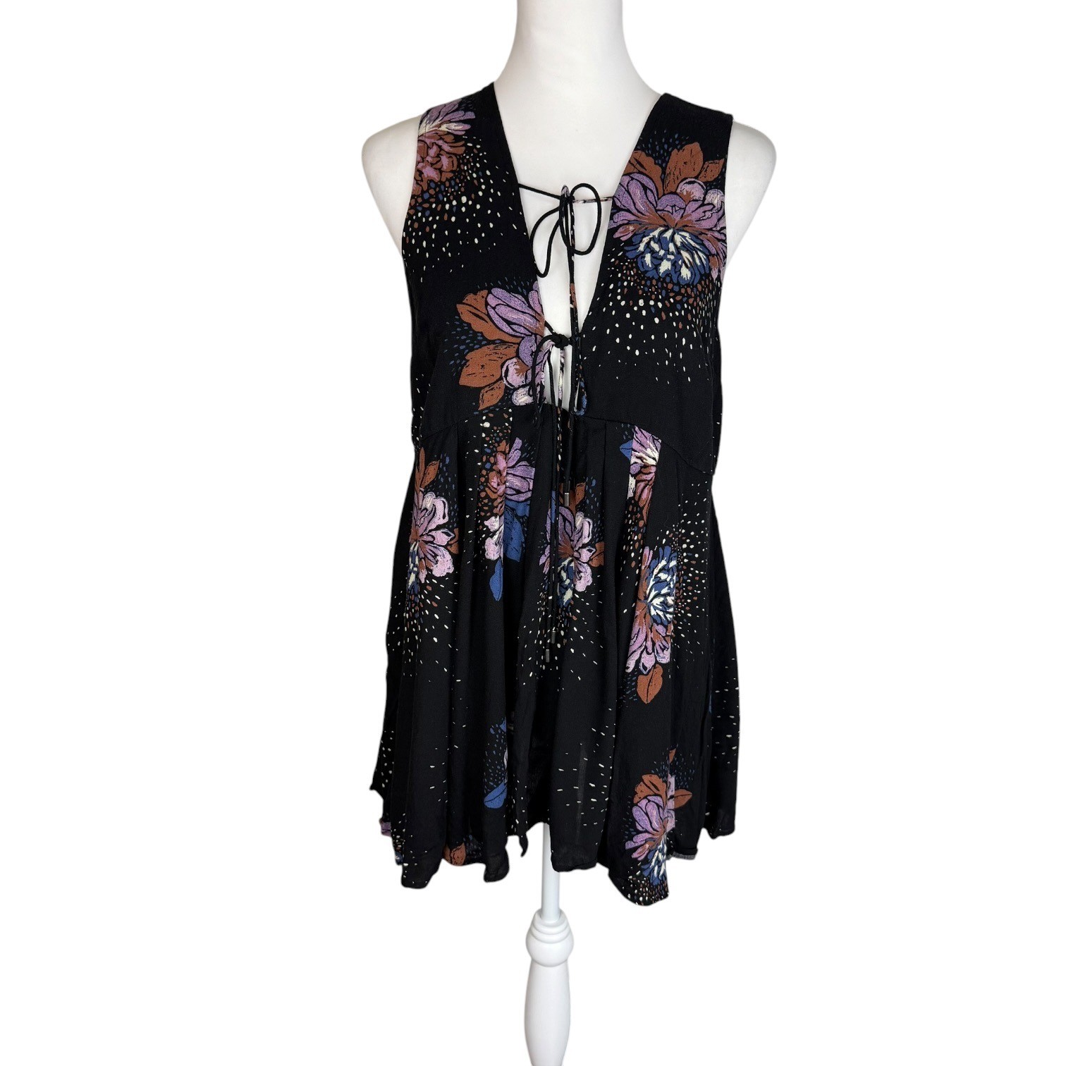 Free People Lovely Day Tie Front Mini Dress Tunic Black Floral Open Back XS